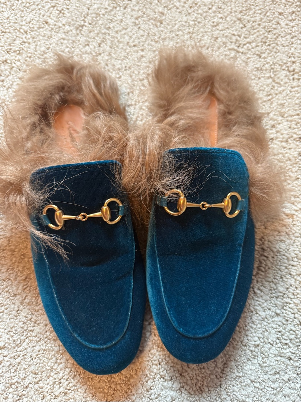 Gucci princetown blue velvet fur loafers mules shoe size 38 - Picture 1 of 4